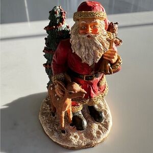 Vintage 1991 Santa Figurine w Deer Fawn Christmas Tree & Toy Bag Wang's